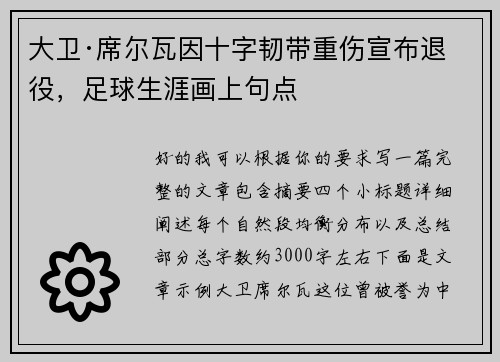 大卫·席尔瓦因十字韧带重伤宣布退役，足球生涯画上句点